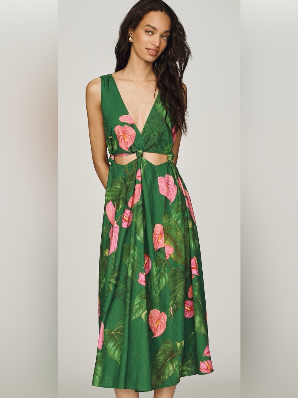 Farm Rio x Anthropologie Linen Blend V-Neck Cutout
Midi Dress